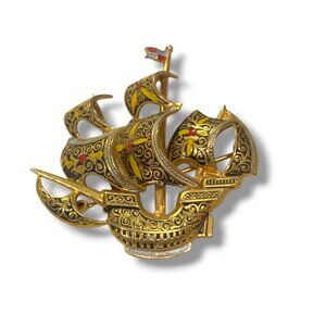 Vintage Gold-Tone Ship Brooch Pin With‎ Filigree Design & Enamel Details